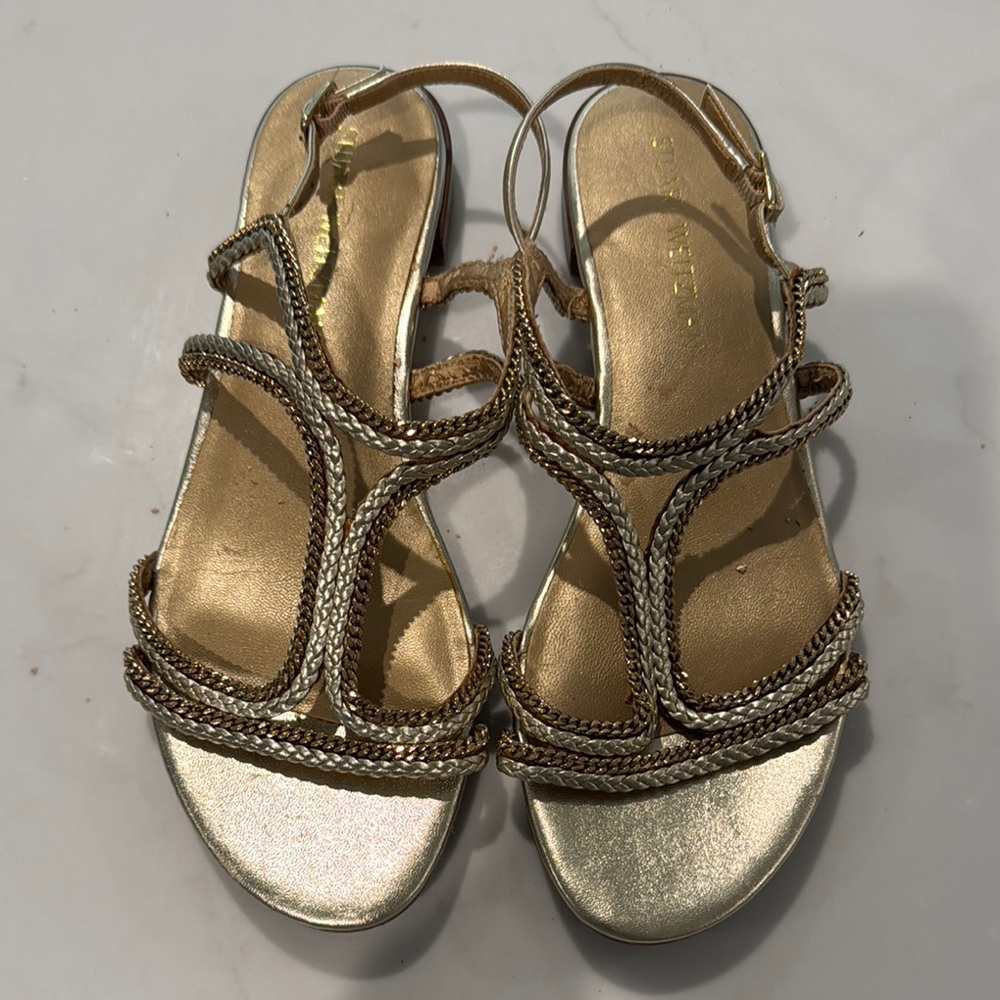 Stuart Weitzman Gold Sandals with Elegant T-Strap Design